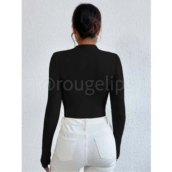 Ruched Asymmetric Black Long Sleeve Bodysuit - Picture 10 of 14